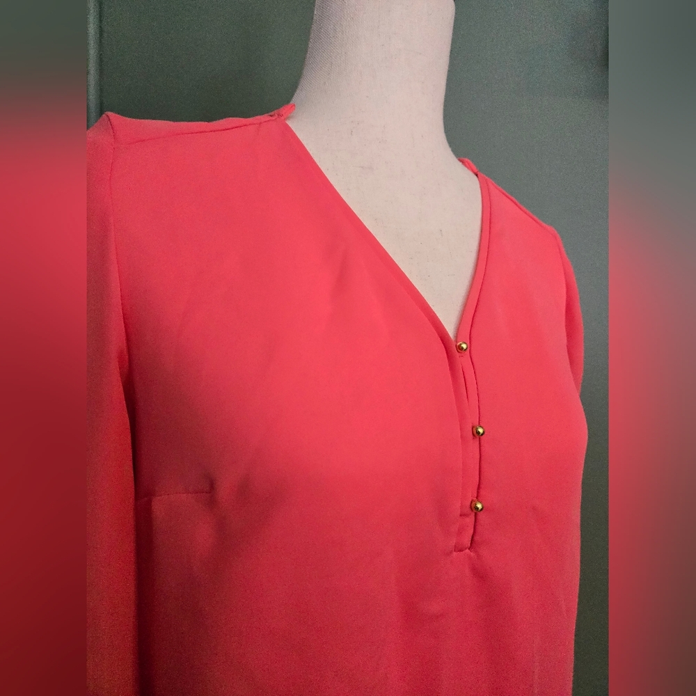LC Lauren Conrad Pink/Coral Long Sleeve Blouse With Gold Button Accents Small - Picture 3 of 7